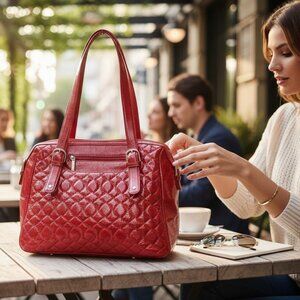 Hobo International Red Leather Shoulder Bag Buffalo Check Lining Satchel Handbag